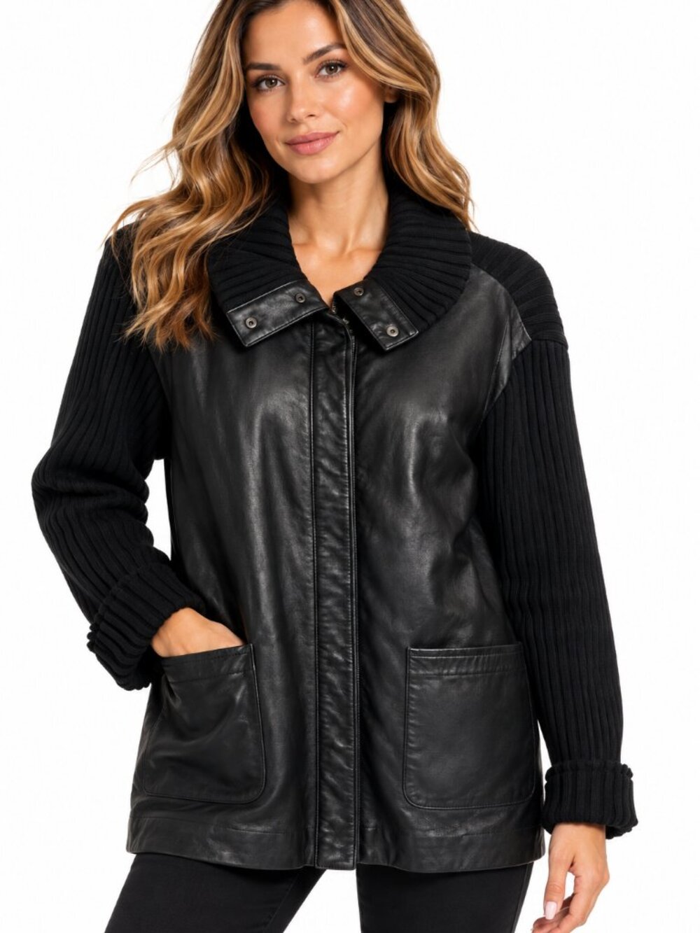 INC International Concepts Women's Black Genuine Leather & Ribbed Knit Jacket Si